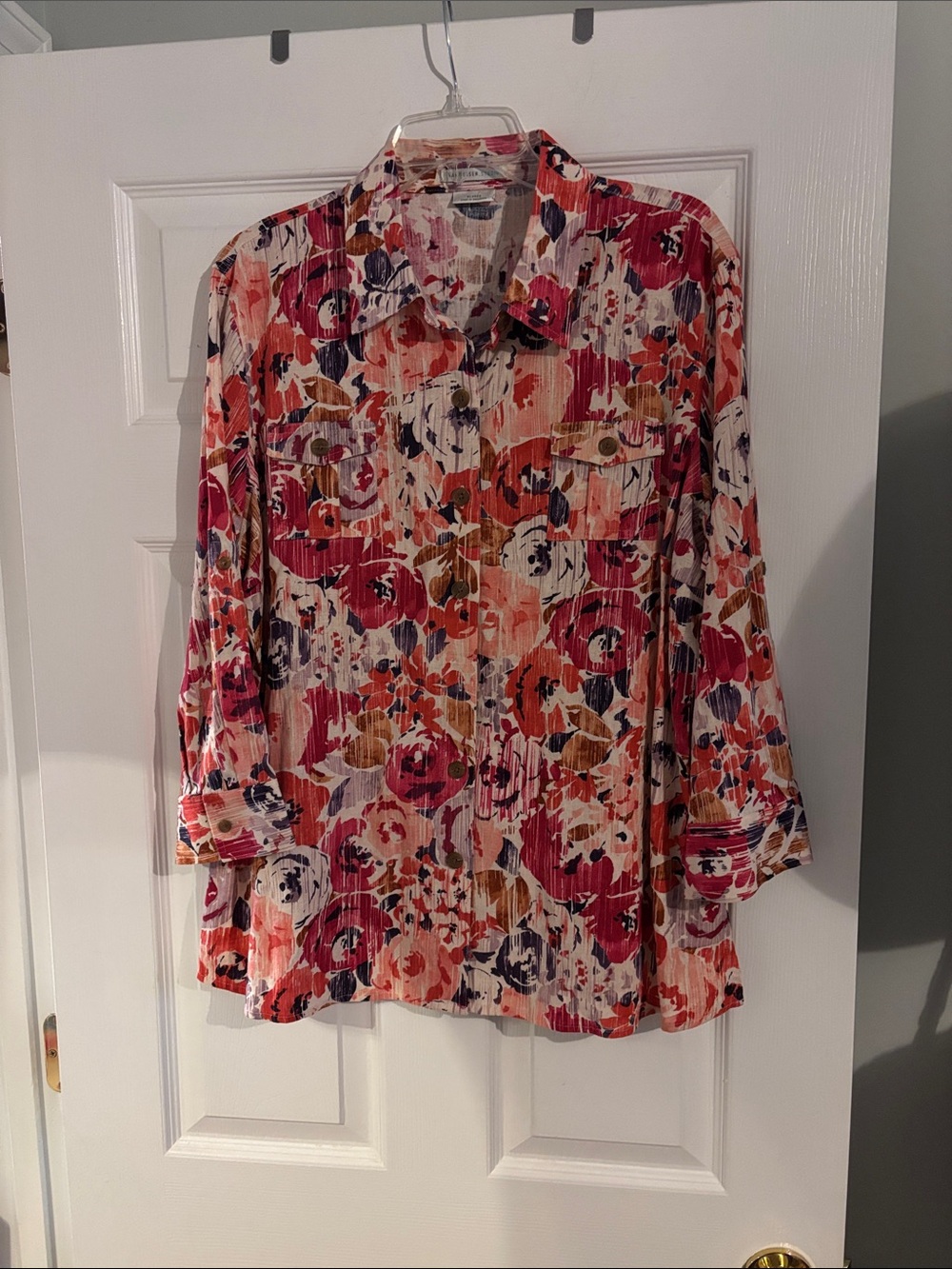 Linen Blend Floral Button-Up Women's Top in Multi-Color